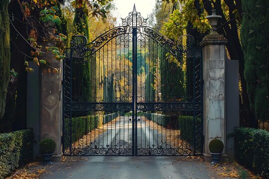 Ornate black metal gate is opening to a country estate on a crisp autumn day
