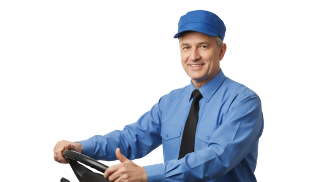 Smiling male worker in blue uniform and cap, holding steering wheel, isolated on white background.