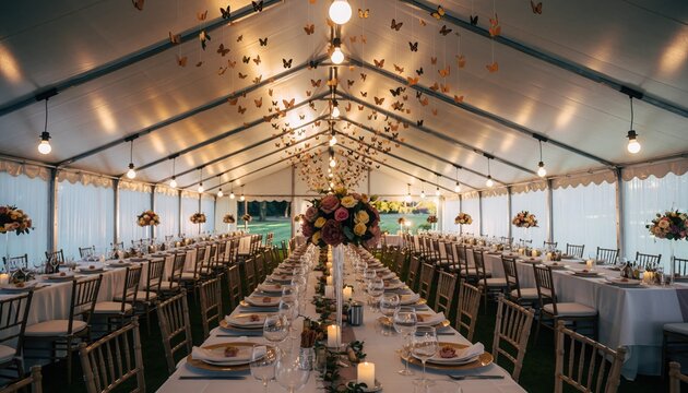 Elegant Marquee: A long, meticulously arranged table sets the stage for a grand celebration, adorned with exquisite floral arrangements and soft, warm lighting.