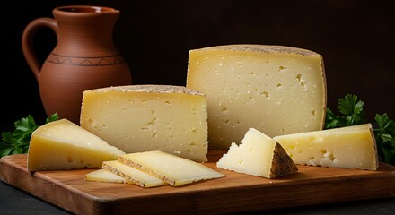 Delicious Cheese Variety on Wooden Board with Jug.