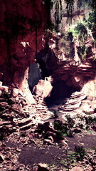 Sunlight filters into a stunning cave filled with lush green plants and intricate rock formations, creating a serene atmosphere. A small stream flows gently through the sandy floor.