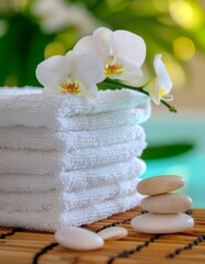 Serene Spa Still Life: White Orchids, Towels, and Balanced Stones on Bamboo
