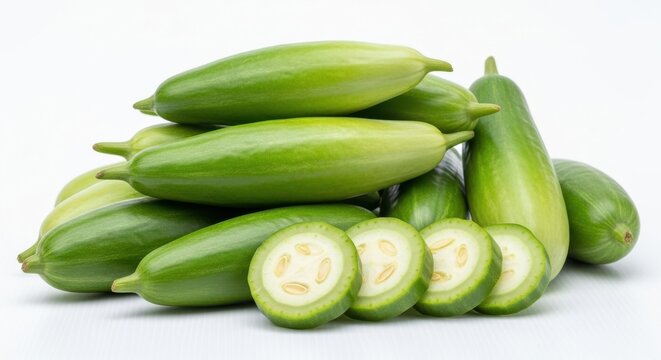Fresh ivy gourd kundru green vegetable isolated on white with sliced pieces