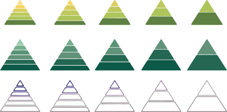 Levels of triangular pyramid. Half triangle pyramid chart. Maslow layer diagram. Development level infographic. Business graph. Vector illustration isolated on white background. Colorful Pyramid Icon
