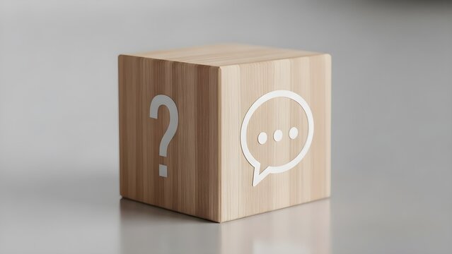 Wooden cube with question mark on one side and speech bubble with ellipses on another representing communication and inquiry