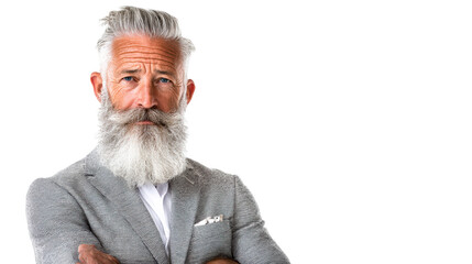 Distinguished senior man with impressive grey beard and hairstyle wears a sharp suit jacket with arms crossed, exuding confidence and sophistication for business or lifestyle content.