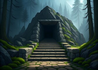 Ancient stone pyramid entrance in a misty forest with stone steps