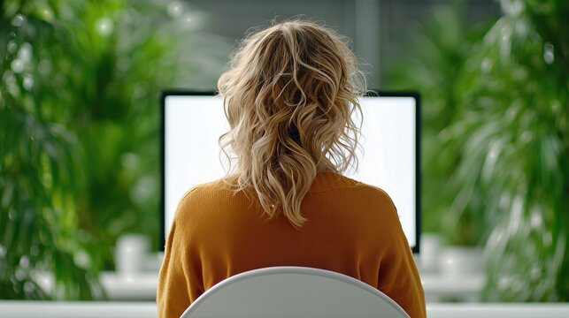 Back View Of Woman Sitting At Desk In Green Office. Remote Work In Home Office Environment