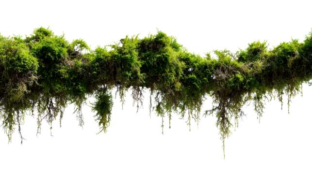 Overgrown lush green moss and creeping plants hanging from a horizontal branch creating a natural jungle canopy for environmental design and organic backgrounds