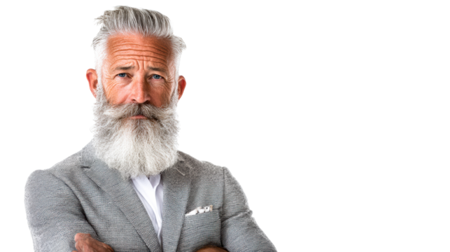 Distinguished senior man with impressive grey beard and hairstyle wears a sharp suit jacket with arms crossed, exuding confidence and sophistication for business or lifestyle content. - Powered by Adobe