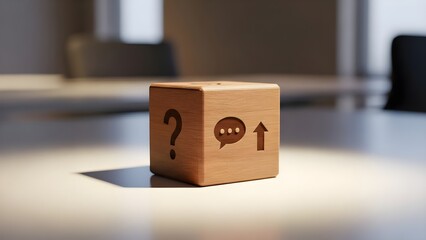 A small cardboard box with question mark speech bubble and upward arrow symbols etched on its sides sits on a table