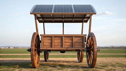 Rustic wooden cart with solar panels on roof in a field