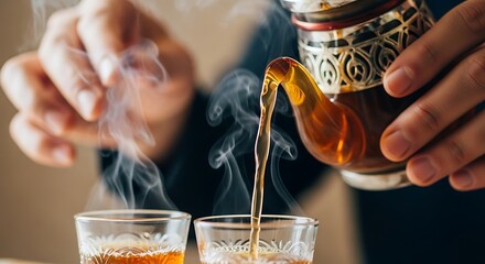 Close-up of hands pouring steaming hot traditional amber tea from an ornate teapot into small clear glasses, showcasing a warm cultural beverage ri...