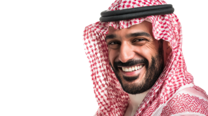 Close up of a smiling Arab man wearing traditional keffiyeh and agal, perfect for Middle Eastern cultural themes and diverse business concepts.