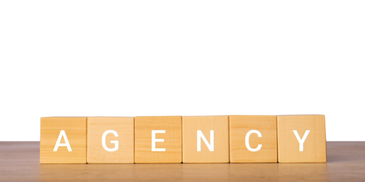 Wooden blocks with word agency for business service concept, isolated on transparent background