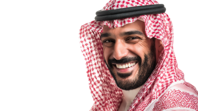 Close up of a smiling Arab man wearing traditional keffiyeh and agal, perfect for Middle Eastern cultural themes and diverse business concepts.