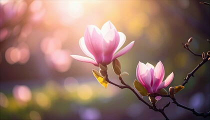 Close-up of pink magnolia flowers in full bloom on a branch, with a soft, blurred background and warm sunlight.
