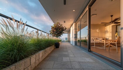 Obraz premium Architectural Serenity: An open-air balcony of a modern building, offering breathtaking views, blending outdoor charm with sleek indoor design, showcasing the elegance of contemporary living.