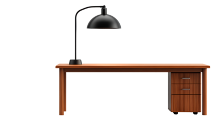 Modern black dome desk lamp with arched arm positioned over a rich wooden desk with a threedrawer cabinet, perfect for office, workspace, or study inspiration.