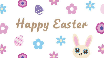 Happy easter greeting with cute bunny and colorful flowers and decorated eggs on a white background celebrating spring and the holiday