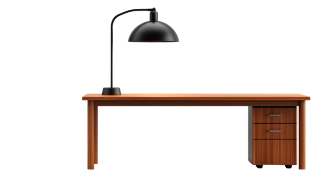 Modern black dome desk lamp with arched arm positioned over a rich wooden desk with a threedrawer cabinet, perfect for office, workspace, or study inspiration.