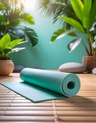 Serene Yoga Retreat: Rolled Mat on Bamboo Floor with Tropical Plants