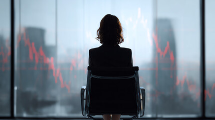 A businesswoman observing financial charts in a modern office, representing industry analysis and decision-making.