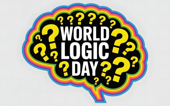 World logic day brain with question marks and rainbow outline - Powered by Adobe