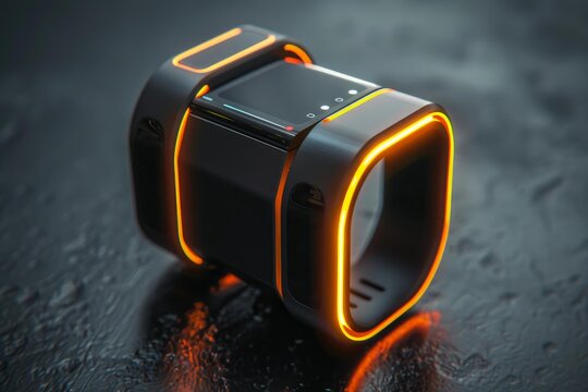 Futuristic smartwatch with neon lights is laying on a black surface