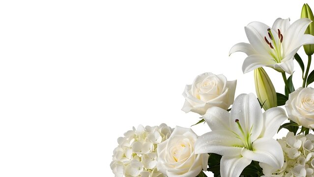 Elegant White Floral Border: Corner Arrangement of Roses, Lilies, and Hydrangeas with Blank Space