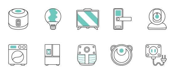 Smart Home Technology and Appliances Line Icons Set. A functional set of 10 smart home and appliance icons with black outlines and cool teal accents.