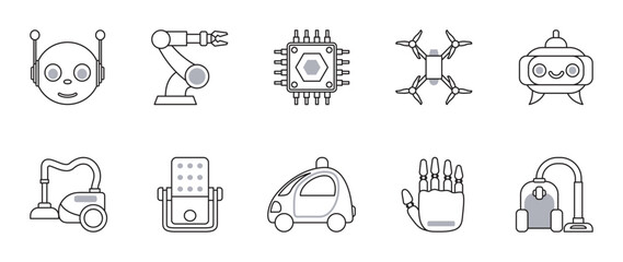 Robotics, AI, and Automation Line Icons Set. A futuristic set of 10 robotics and AI icons with black outlines and gray accents.