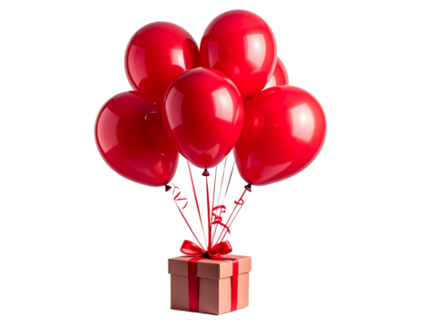 Angled View of Red Balloons with Present for Celebration, transparent background.