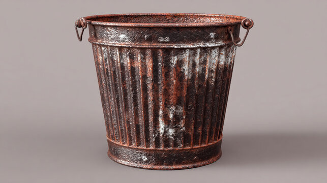 Rustic metal trash can with aged texture and weathered patina, displayed in soft directional light. Industrial, vintage, and utilitarian aesthetic ideal for product mockups, urban themes, and environm