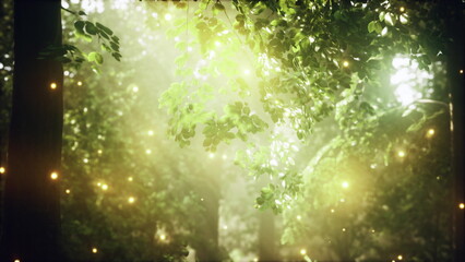 Bright sunlight streams through the thick canopy of leaves in a serene forest. Soft, glowing lights dance in the air, creating a magical atmosphere in the tranquil woods. © icetray