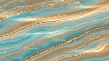 Abstract marble pattern with teal and gold wavy lines textured gleaming surface