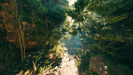 A sun drenched pathway meanders through lush greenery where tall trees and vibrant foliage create a peaceful woodland scene. Nature thrives in this tranquil environment.