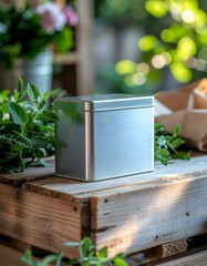 Silver Tea Caddy with Fresh Mint on Rustic Wooden Pallet in Natural Light