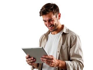 Smiling man enjoys using tablet while standing against plain white background