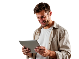 Smiling man enjoys using tablet while standing against plain white background