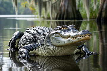 Fototapeta premium Alligator in Swamp Water Surrounded by Cypress Trees