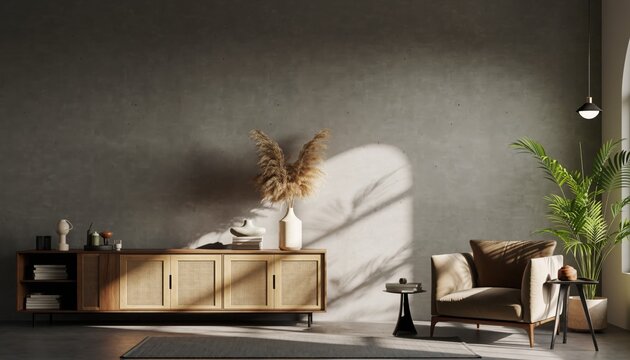 Minimalist Interior Design: An elegantly curated interior scene, emphasizing simplicity and sophistication, the interplay of light and shadow highlights the textures and forms within the space.