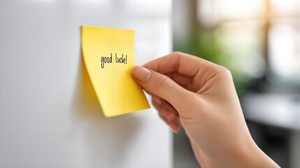 Hand Placing Yellow Sticky Note With Good Luck Message For Motivation And Positive Reminder