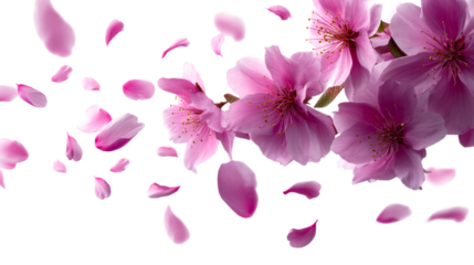 Delicate pink flower petals gracefully float and scatter, symbolizing springs arrival and the ephemeral nature of blossom, ideal for beauty and wellness promotions.