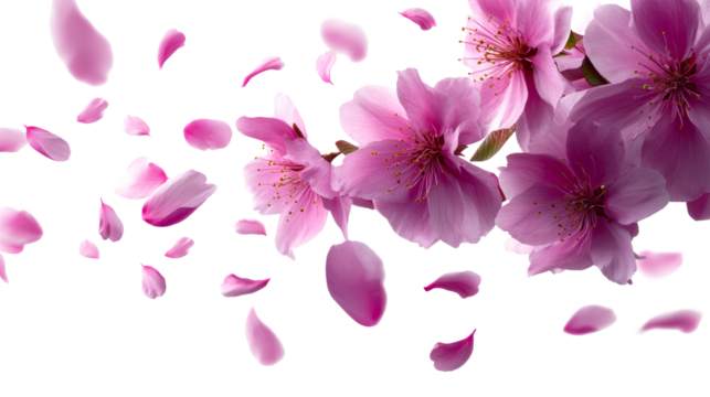 Delicate pink flower petals gracefully float and scatter, symbolizing springs arrival and the ephemeral nature of blossom, ideal for beauty and wellness promotions.