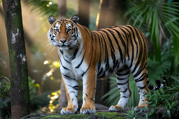 Obraz premium Bengal Tiger Standing in Lush Green Forest Sunlight