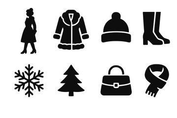 Elegant Winter Icons. Elegant winter attire. Filled icon set of Elegant winter attire: woman, fur coat, scarf,