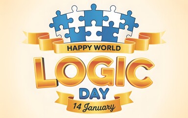 Happy world logic day celebration with puzzle pieces and ribbons