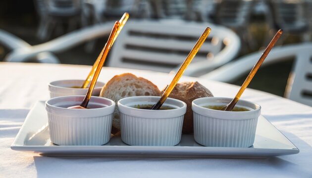 Gourmet Delights: A close-up shot captures an array of culinary delights. on a rectangular dish, arranged with dips and crusty bread, this image is a celebration of taste and refinement