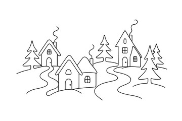 Fototapeta premium Minimalist Winter Village. Fairy tale winter village. Minimalistic one-line drawing whimsical cottages, snowy